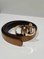 Vintage x Salvatore Ferragamo Gold Tone Buckle Horse Shoe Embossed Leather Belt