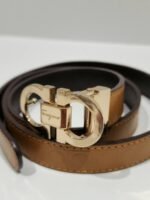 Vintage x Salvatore Ferragamo Gold Tone Buckle Horse Shoe Embossed Leather Belt - Image 2