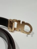 Vintage x Salvatore Ferragamo Gold Tone Buckle Horse Shoe Embossed Leather Belt - Image 4