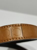 Vintage x Salvatore Ferragamo Gold Tone Buckle Horse Shoe Embossed Leather Belt - Image 6