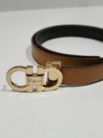 Vintage x Salvatore Ferragamo Gold Tone Buckle Horse Shoe Embossed Leather Belt - Image 7